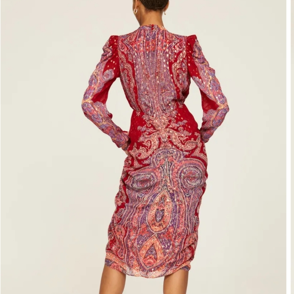 Rococo Sand Nott Printed Metallic Plunge Mini Dress Puff Sleeve - Picture 8 of 10